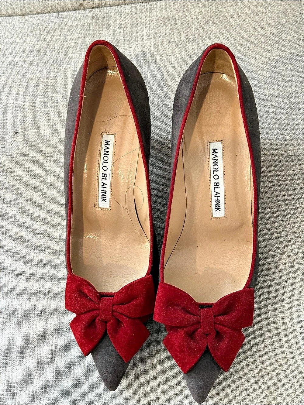 Manolo Blahnik Pointed-Toe Bow Heels in Gray & Red Suede: EU 38/ U.S.7.5